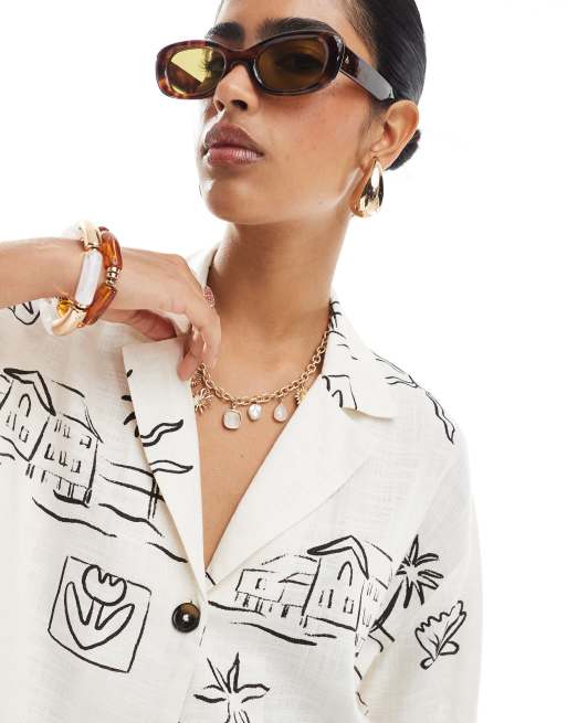 ASOS DESIGN - Co-ord set van linnenmix met overhemd met korte mouwen en schetsprint, 4 van 4