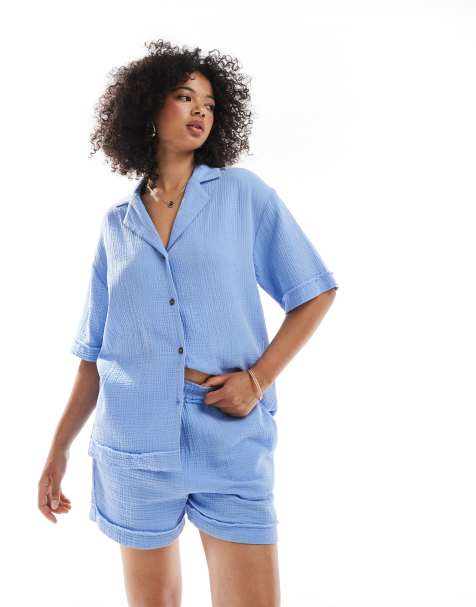ASOS DESIGN - Co-ord set van overhemd en short met onafgewerkte randen van kaasdoek in blauw - view 1
