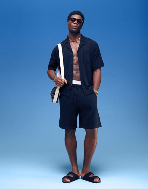 ASOS DESIGN - Co-ord set van oversized poloshirt en short met textuur in zwart - view 1
