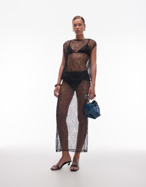 ASOS DESIGN - Co-ord set van tanktop van doorschijnende mesh en midi rok met lovertjes in zwart - view 1