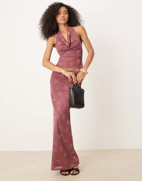 ASOS DESIGN - Co-ord set van top met hoge gedrapeerde hals en maxi rok met burnout bloemenprint in roze - view 1