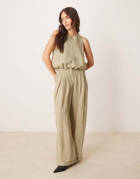 ASOS DESIGN - Co-ord set van top met pofzoom en broek in groen met strepen in dezelfde tint - view 1
