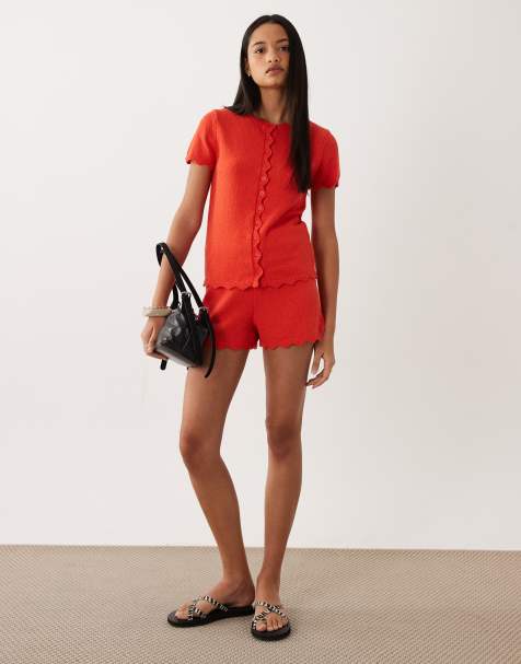 ASOS DESIGN - Co-ord set van vest en short van slubgaren met geschulpte randen in rood - view 1