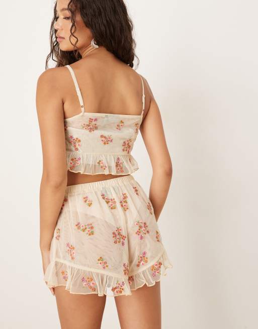 ASOS DESIGN co-ord sheer flippy shorts with embroidery in yellow floral - MULTI, 4 of 5