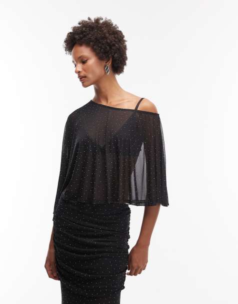 ASOS DESIGN co-ord sheer mesh hot fix cape top and skirt in black - view 1