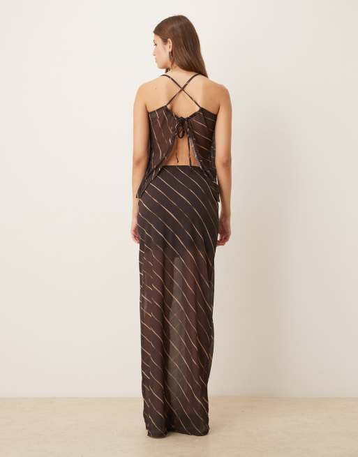 ASOS DESIGN co-ord sheer mesh maxi skirt in dark chocolate stripe, 2 of 5