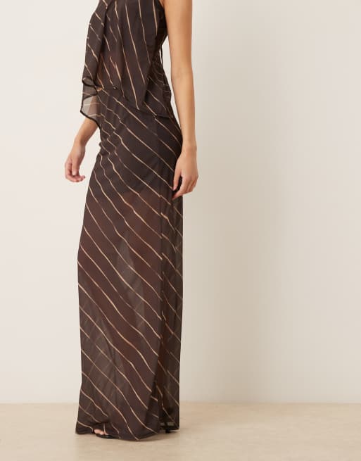ASOS DESIGN co-ord sheer mesh maxi skirt in dark chocolate stripe, 4 of 5