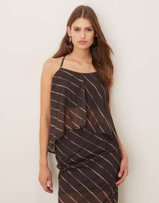 ASOS DESIGN co-ord sheer mesh tie back halter neck cami top in dark chocolate stripe-Brown