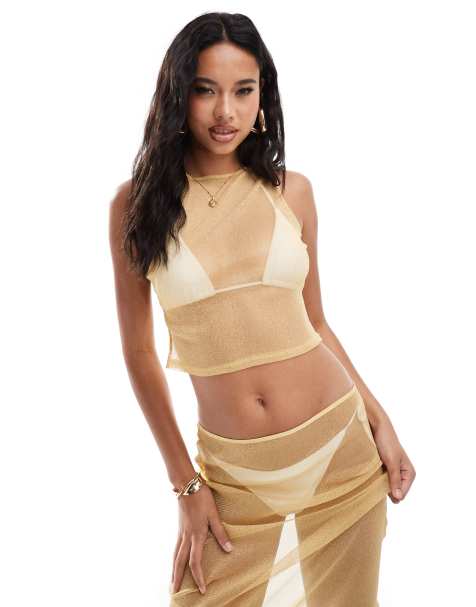 ASOS DESIGN co-ord sheer sparkle tank top in gold - view 1