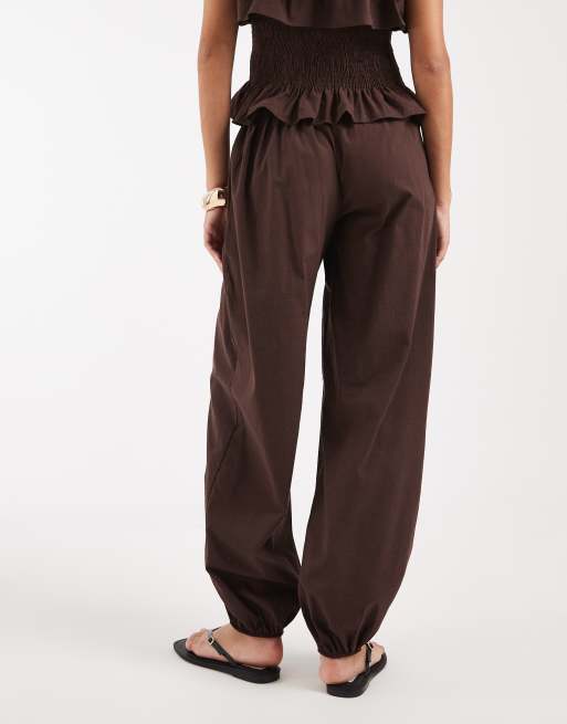 ASOS DESIGN  co ord shirred balloon linen blend trousers in chocolate, 4 of 5