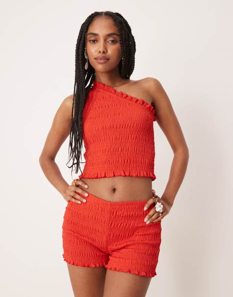 ASOS DESIGN co-ord shirred one shoulder top and shorts in red - view 1