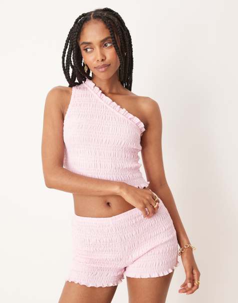 ASOS DESIGN co-ord shirred one shoulder top in pink