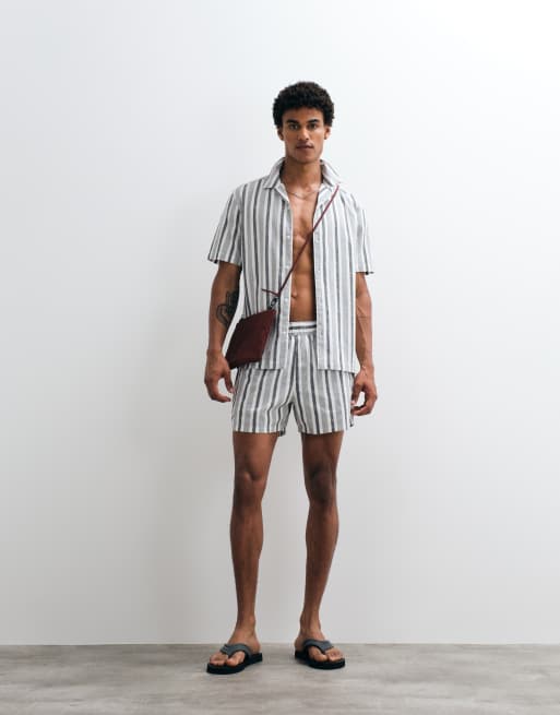 ASOS DESIGN co-ord short length linen look striped shorts in black and white stripe, 4 of 9