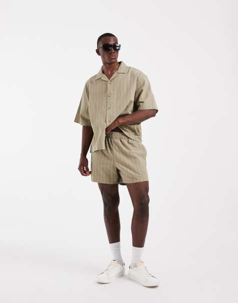 ASOS DESIGN co-ord short length linen look striped shorts in khaki - view 1