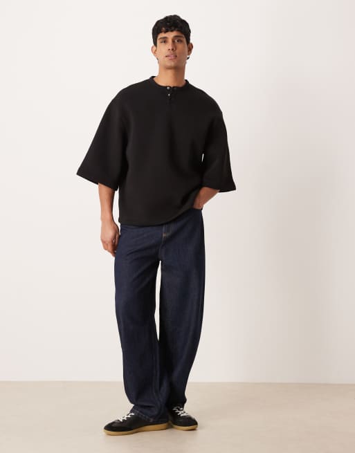 ASOS DESIGN co-ord short sleeve henley sweatshirt in black, 2 of 5