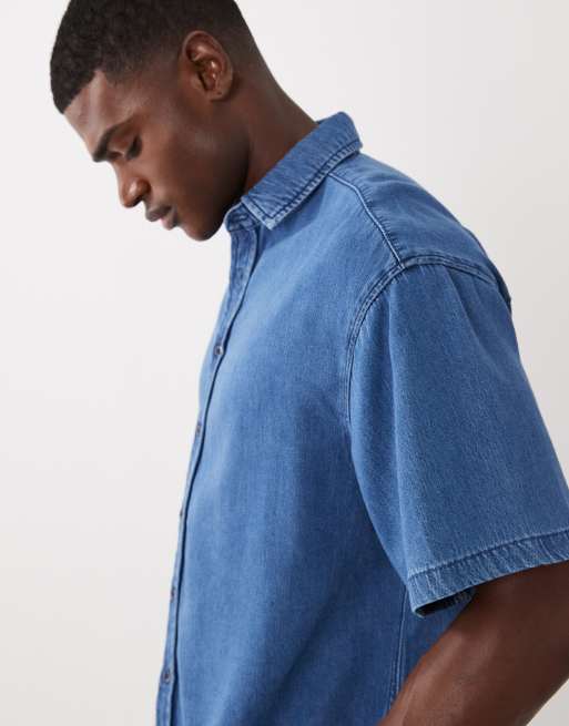 ASOS DESIGN co-ord short sleeve oversized linen blend denim shirt in mid wash blue, 5 of 5