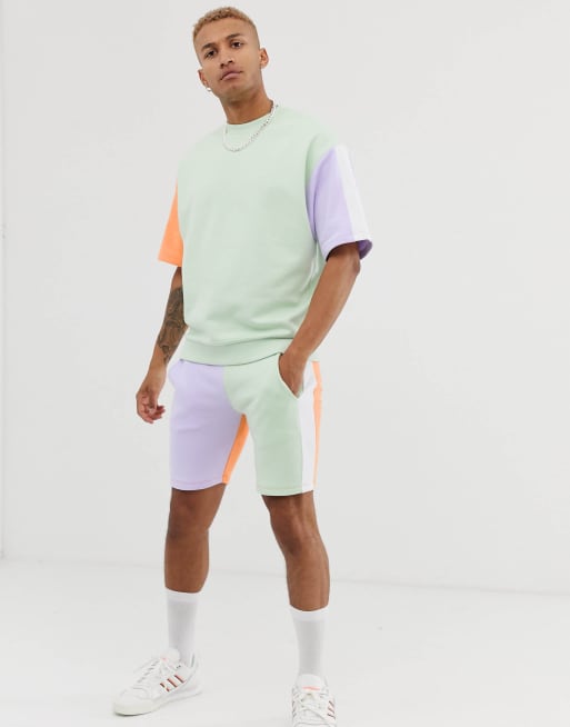 ASOS DESIGN co-ord short sleeve oversized sweatshirt with pastel colour blocking