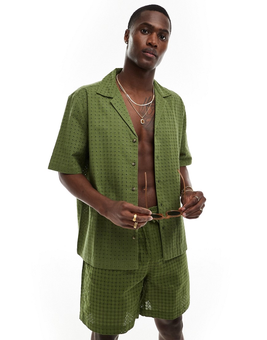 ASOS DESIGN co-ord short sleeve relaxed fit revere collar broderie shirt in khaki green
