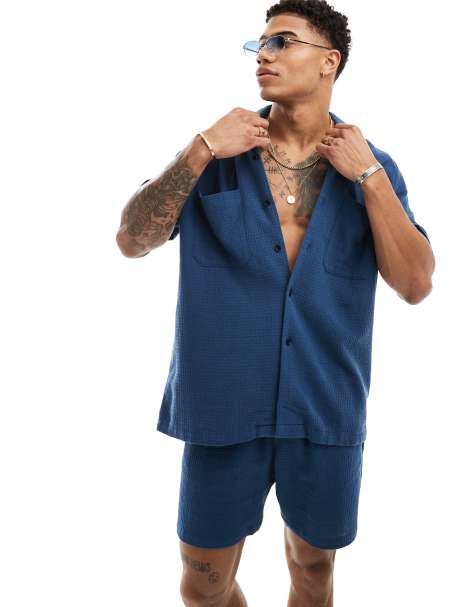 ASOS DESIGN co-ord short sleeve relaxed revere collar texture shirt in navy - view 1