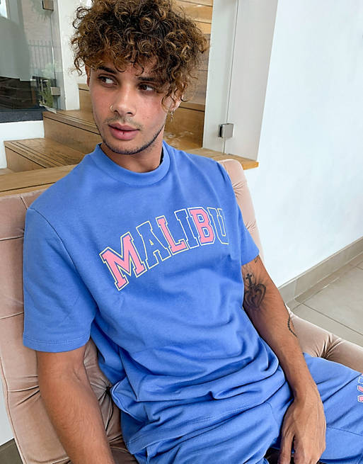 ASOS DESIGN co-ord short sleeve sweatshirt in blue with Malibu print