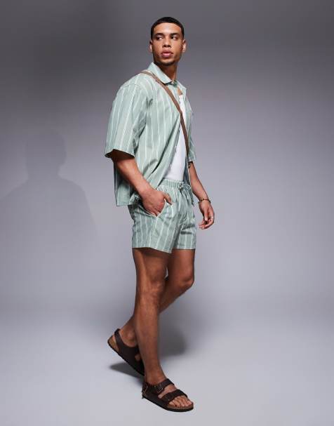 ASOS DESIGN co-ord shorts in short length in green stripe - view 1