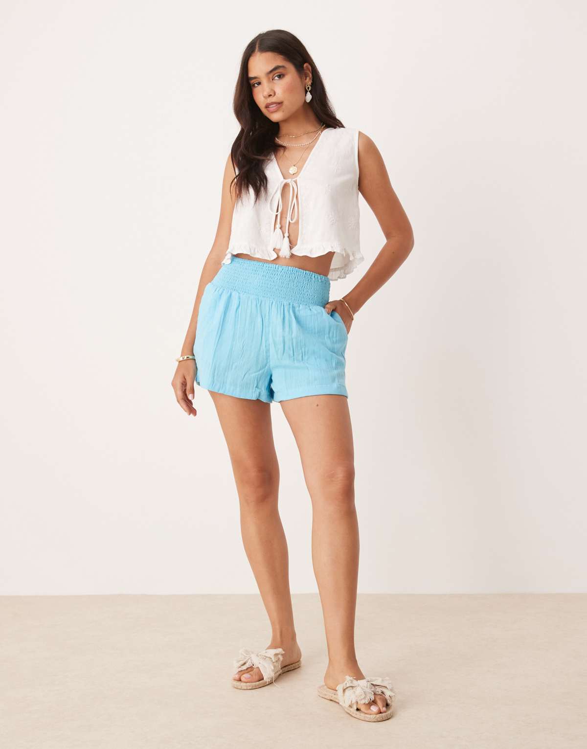 ASOS DESIGN co-ord shorts with elasticated waist in textured cotton in blue