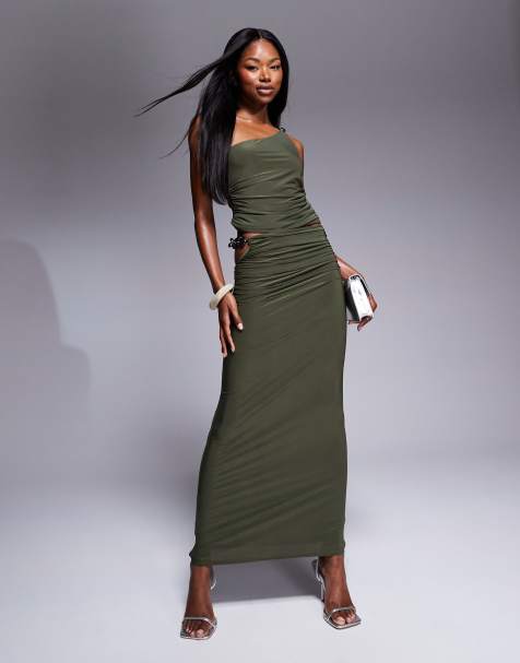 ASOS DESIGN co-ord silver chain cut out detail slinky column maxi skirt in khaki - view 1