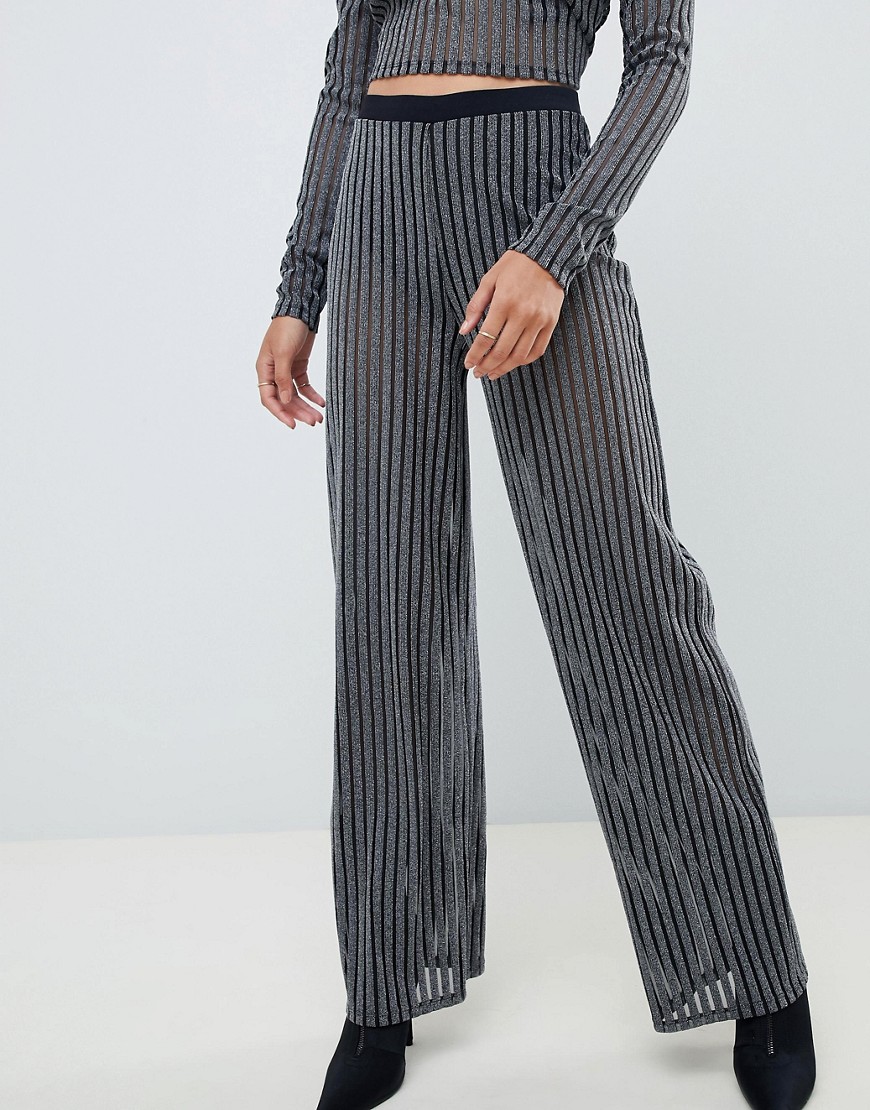 ASOS DESIGN co-ord silver glitter stripe straight leg trousers-Black
