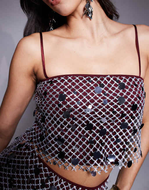 ASOS DESIGN co-ord silver sequin overlay satin cami top in burgundy, 2 of 4