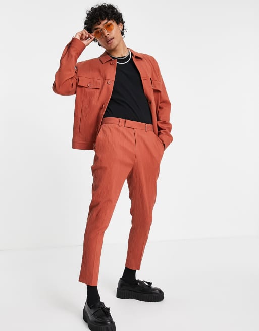 ASOS DESIGN co-ord skinny crinkle smart tapered trousers in rust