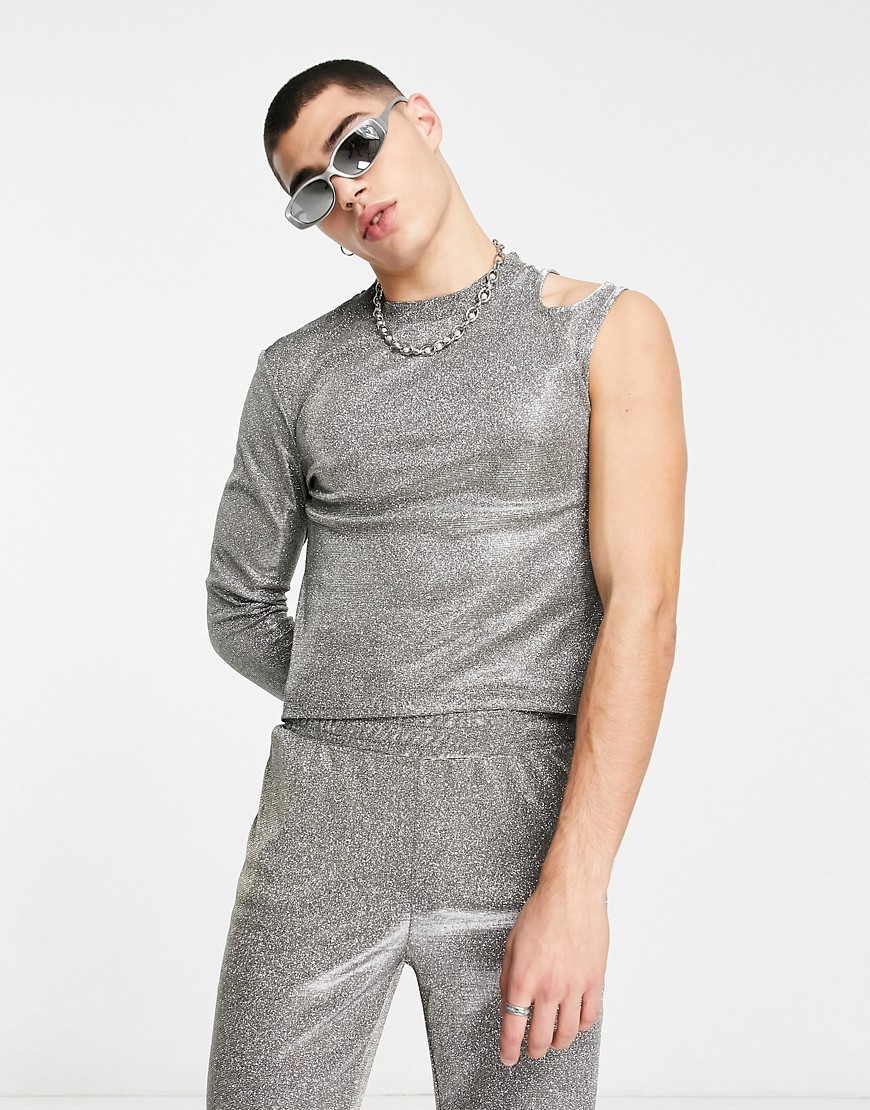 ASOS DESIGN co-ord skinny long sleeve t-shirt in glitter fabric with cut out-Silver