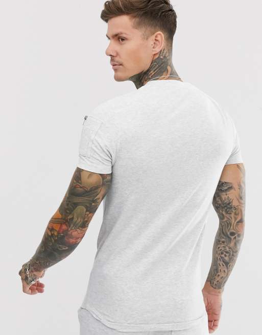 Asos Design Co Ord Skinny Longline T Shirt With Stretch And Curved Hem And Ma1 Pocket In White Marl Asos