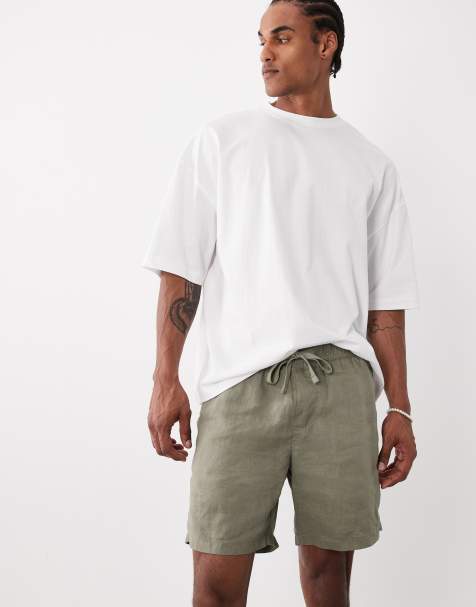 ASOS DESIGN co-ord slim 100% linen shorts in mid length in khaki - view 1