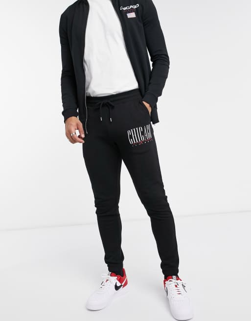 ASOS DESIGN co ord slim joggers in black with Chicago city print