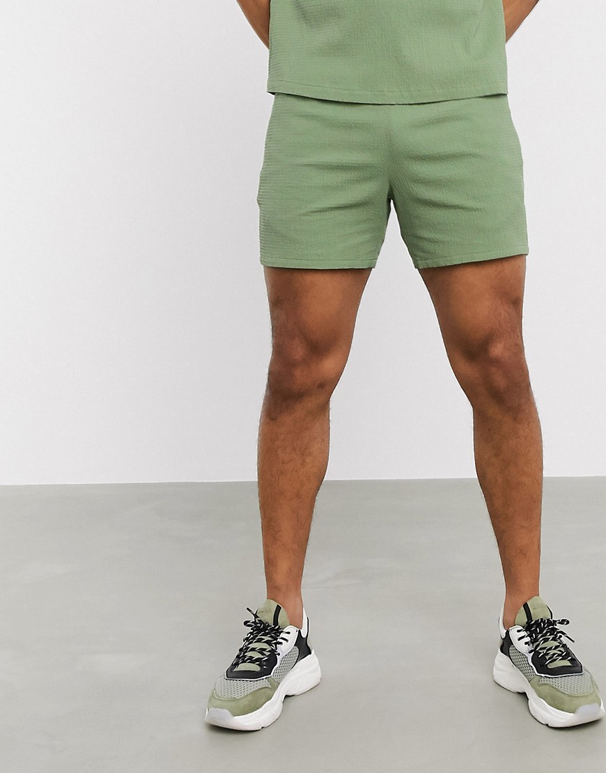 ASOS DESIGN co-ord slim shorter shorts in green seersucker