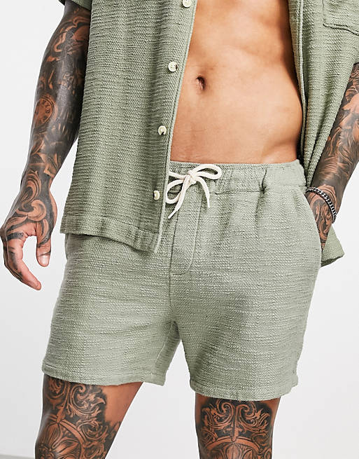  co-ord slim shorts in light green natural look textured fabrics 