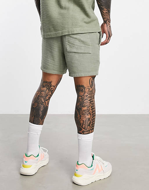  co-ord slim shorts in light green natural look textured fabrics 
