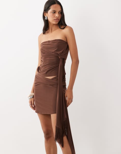 ASOS DESIGN co-ord slinky bandeau crop top with fringe drape detail in brown - view 1