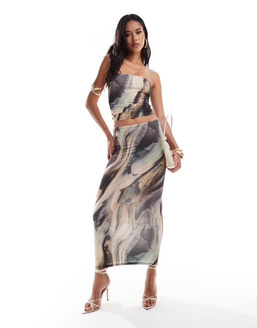 ASOS DESIGN co-ord slinky bandeau top in earthy marble print, 2 of 4