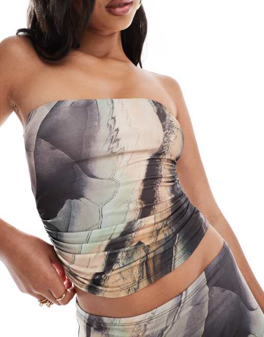 ASOS DESIGN co-ord slinky bandeau top in earthy marble print, 3 of 4