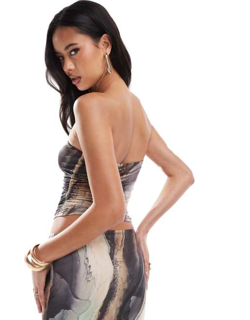 ASOS DESIGN co-ord slinky bandeau top in earthy marble print, 4 of 4