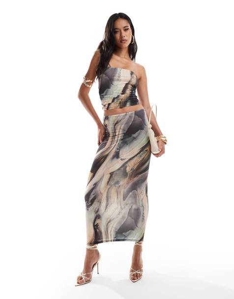 ASOS DESIGN co-ord slinky bandeau top & skirt in earthy marble print - view 1