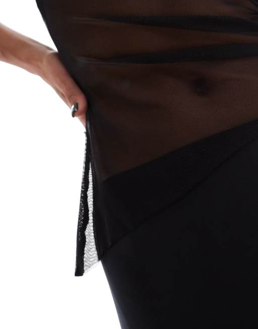 ASOS DESIGN co-ord slinky cami asymmetric top with mesh overlay in black, 3 of 4