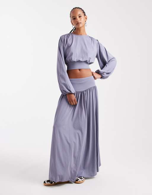 ASOS DESIGN co-ord slinky drape balloon sleeve top and skirt in grey