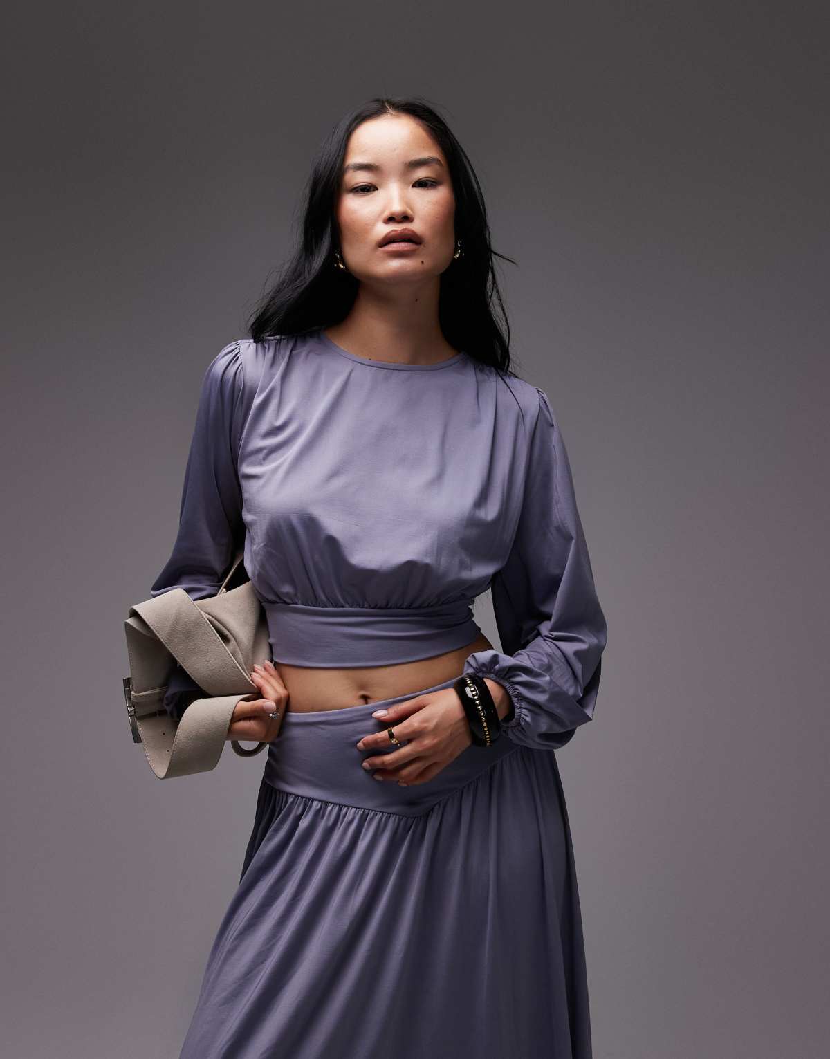 ASOS DESIGN co-ord slinky drape balloon sleeve top with tie back detail in grey
