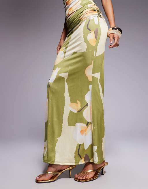 ASOS DESIGN co-ord slinky fishtail maxi skirt with ruched overlay in olive floral, 2 of 5