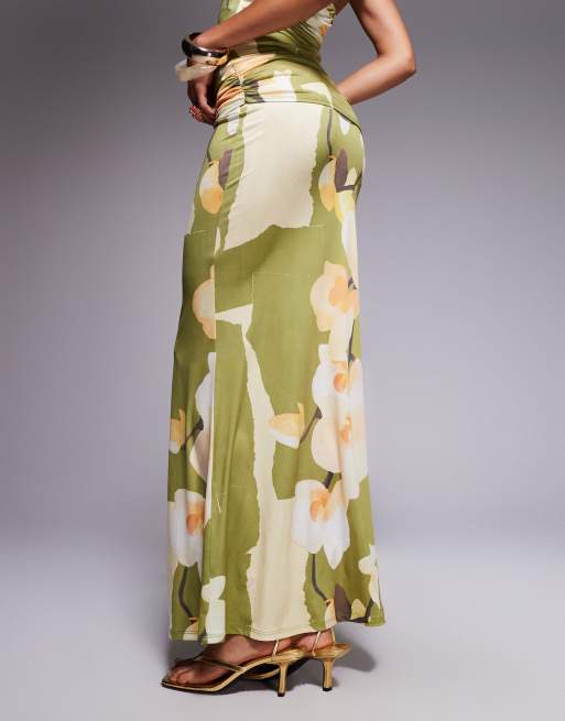 ASOS DESIGN co-ord slinky fishtail maxi skirt with ruched overlay in olive floral, 4 of 5