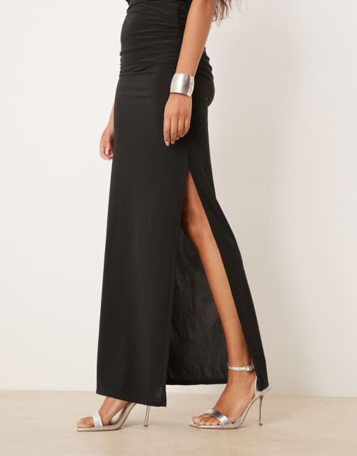 ASOS DESIGN co-ord slinky low-rise asymmetric waist maxi skirt in black, 5 of 5