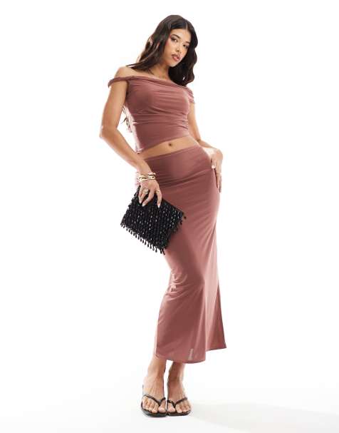 ASOS DESIGN co-ord slinky maxi skirt in brown - view 1