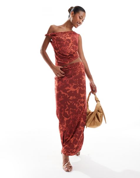 ASOS DESIGN co-ord slinky maxi skirt in burnt orange floral - view 1